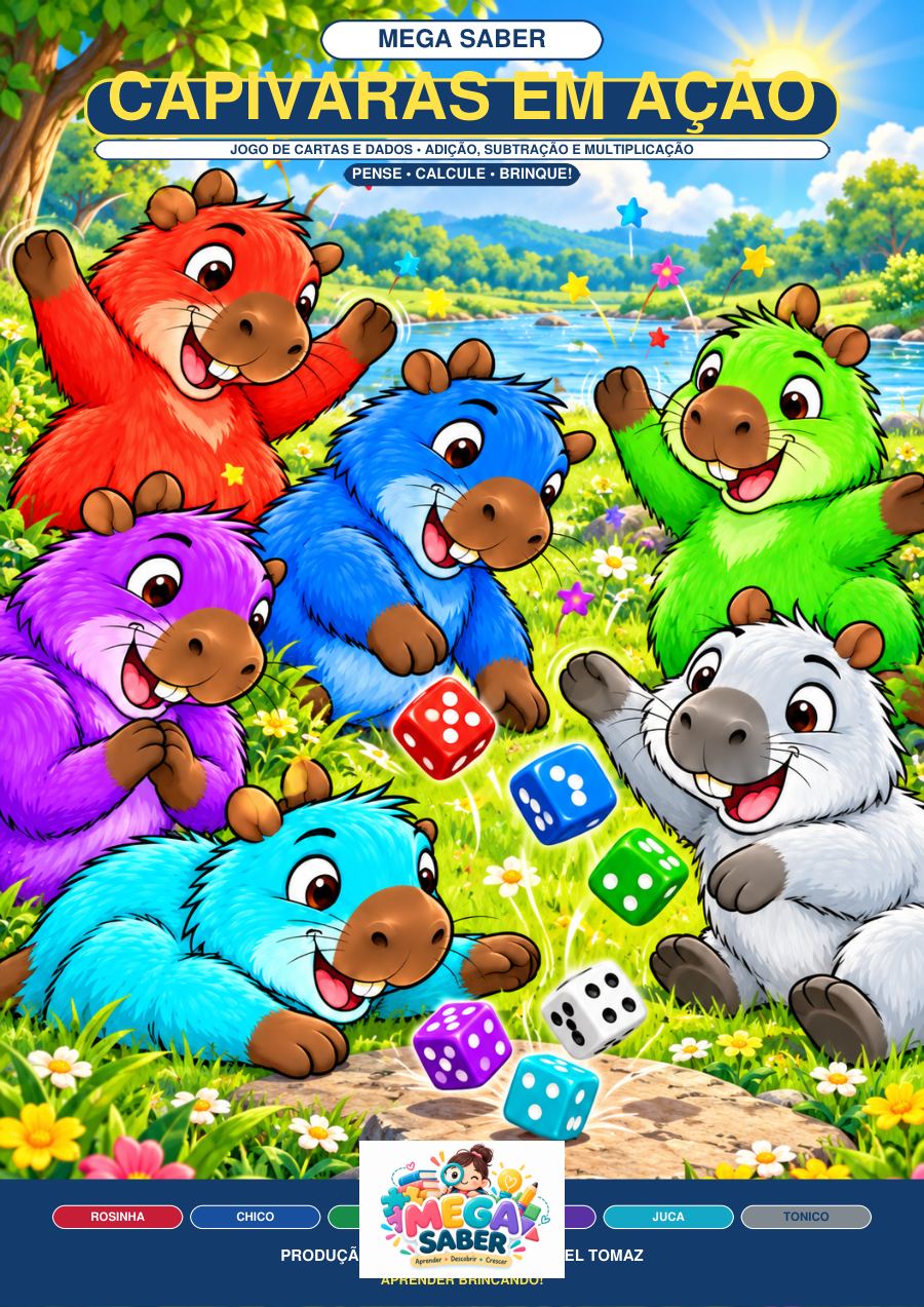 Capa de Capivaras em Ação, com seis capivaras coloridas e dados numa paisagem.