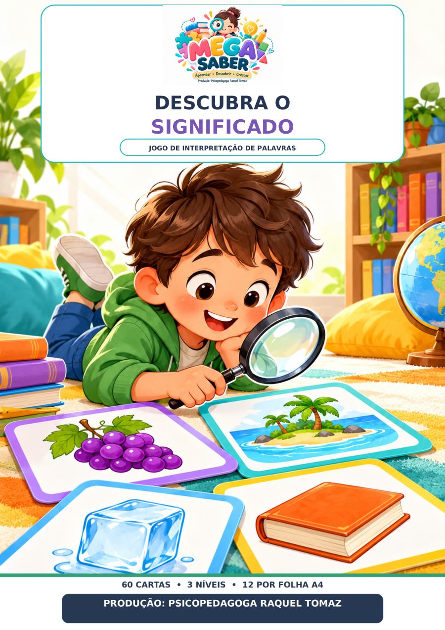 Capa de Descubra o Significado, com um menino de lupa observando cartas ilustradas.
