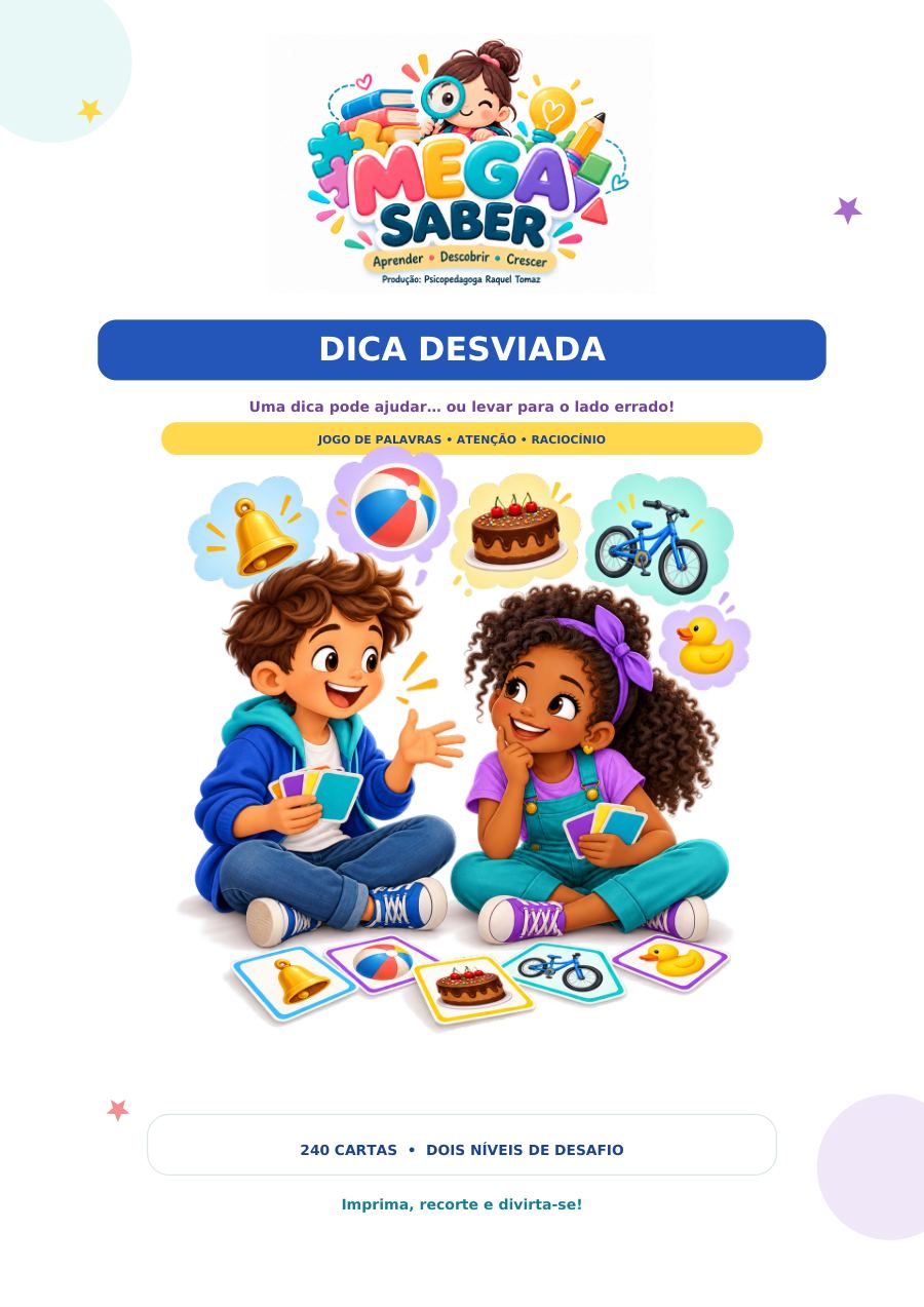 Capa de Dica Desviada, com duas crianças e cartas de sino, bola, bolo, bicicleta e pato.