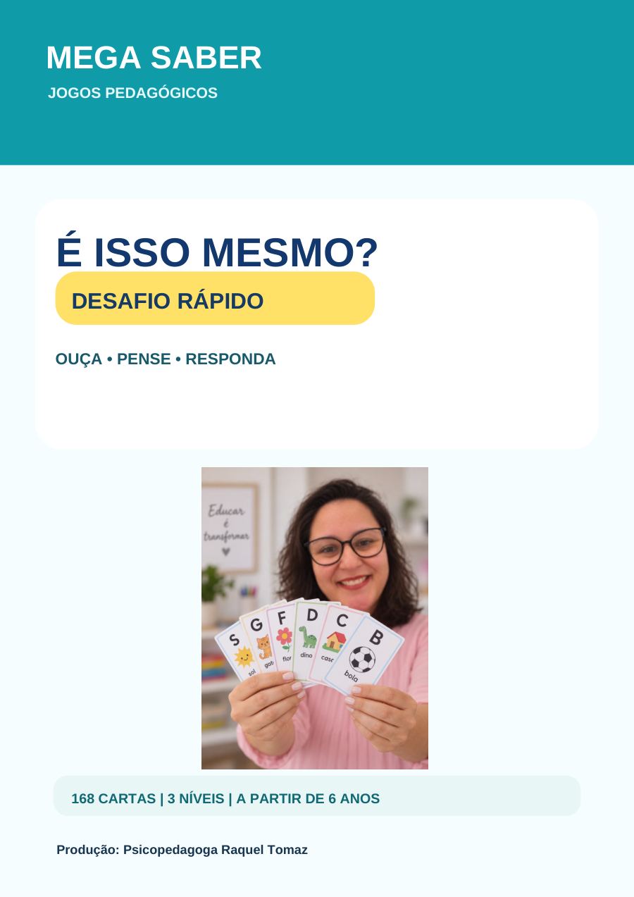 Capa de É isso mesmo?, desafio rápido, com uma mulher mostrando cartas pedagógicas.