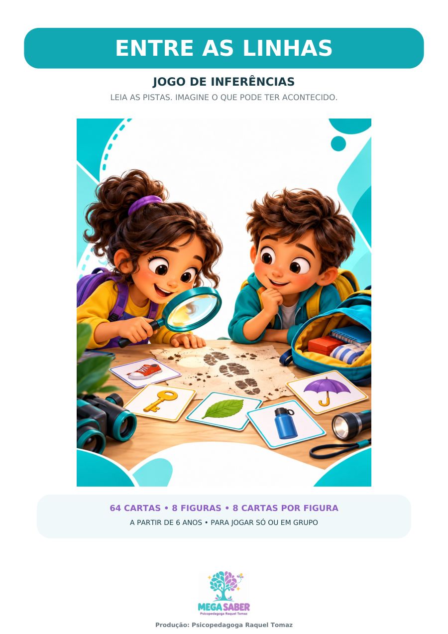 Capa de Entre as Linhas, jogo de inferências, com duas crianças examinando pistas numa mesa.
