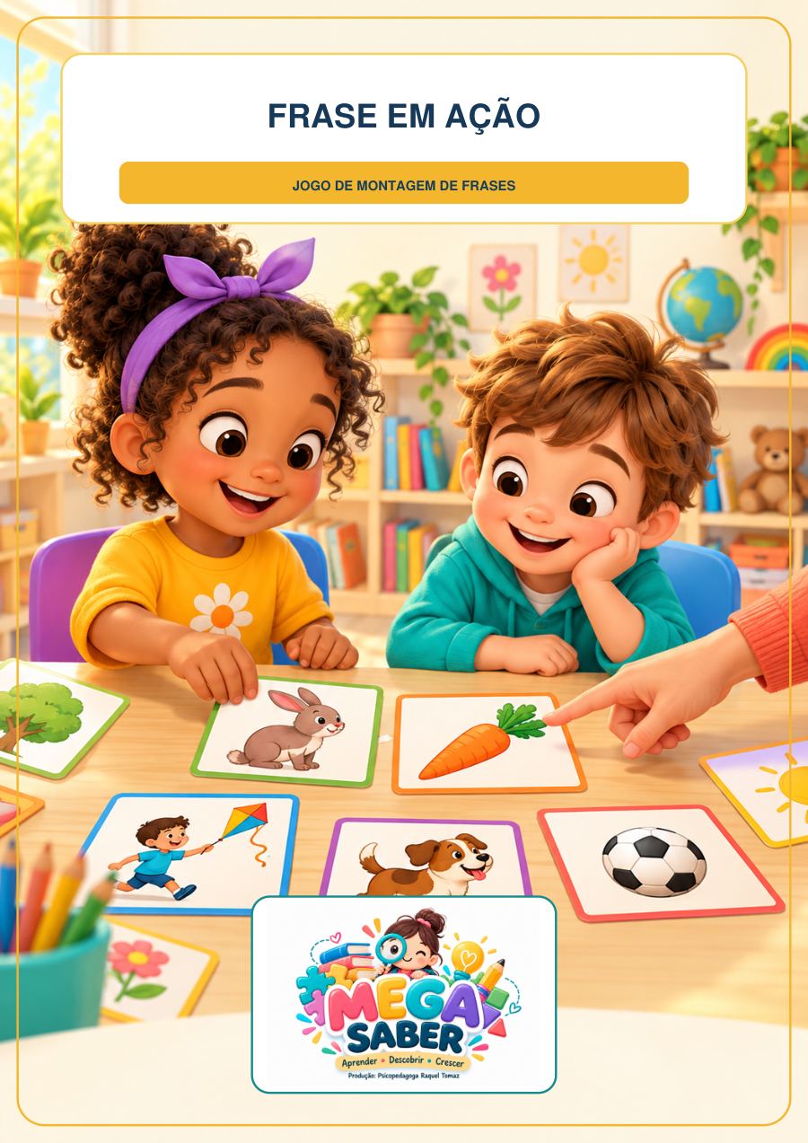 Capa de Frase em Ação, com duas crianças montando cartas de figuras numa mesa.