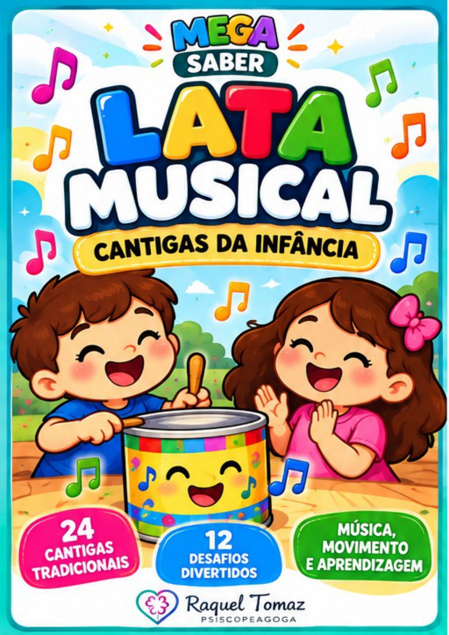 Capa de Lata Musical, com duas crianças e uma lata colorida no meio de notas musicais.