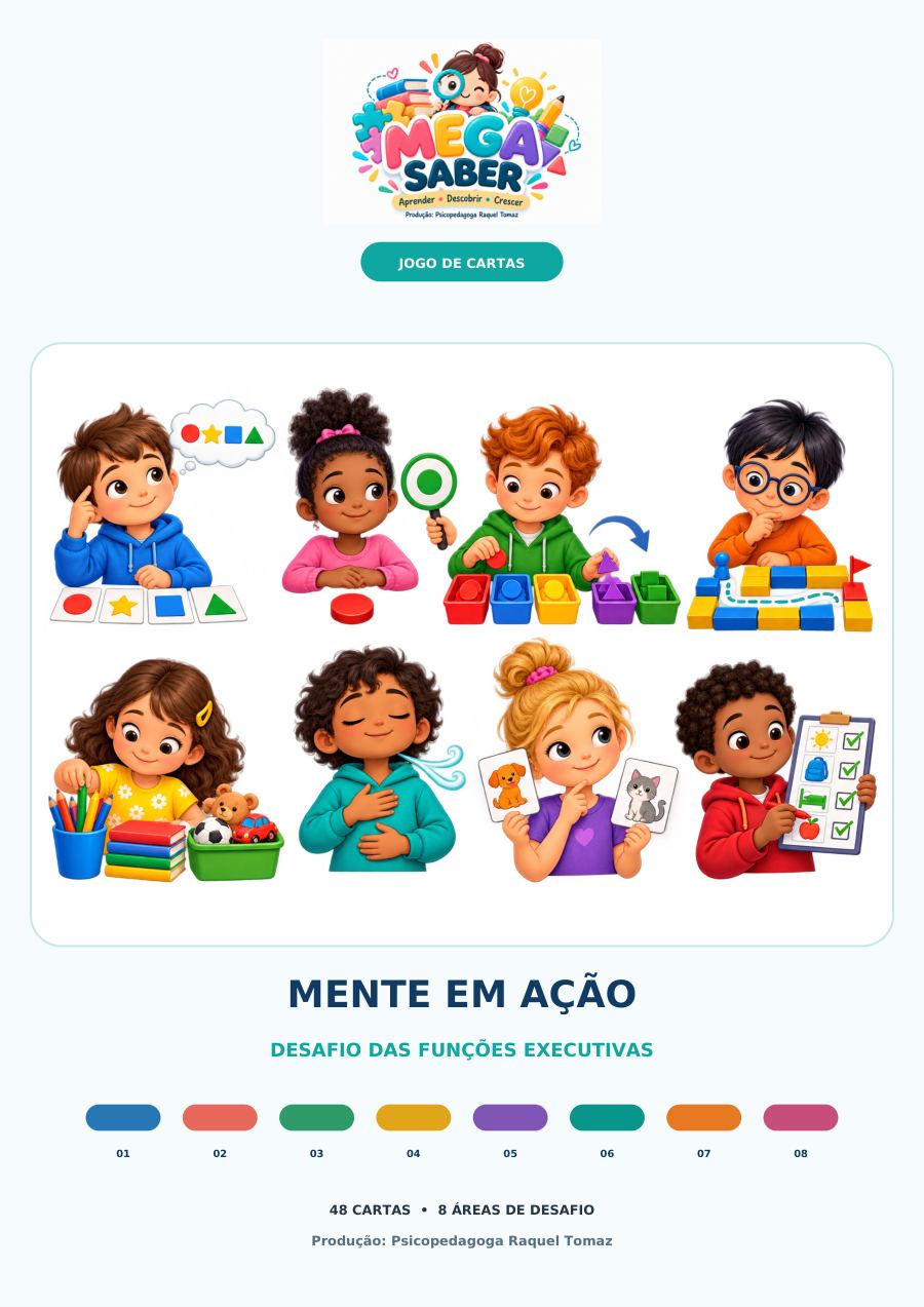 Capa de Mente em Ação, com oito crianças em desafios de memória, atenção, blocos, emoções e planejamento.