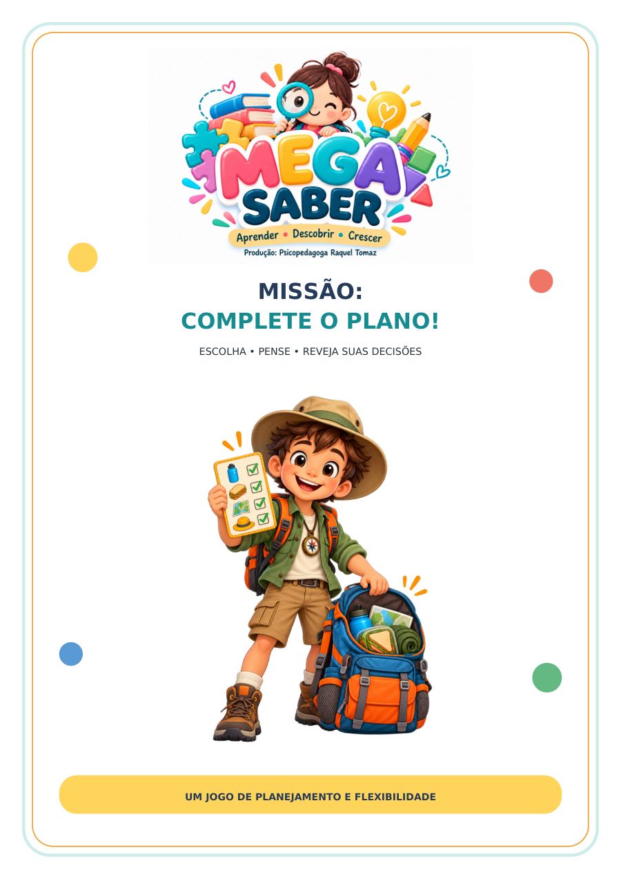Capa de Missão: complete o plano, com um menino de mochila e uma lista de itens.