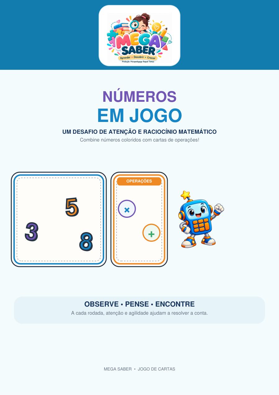 Capa de Números em Jogo, com uma carta de números coloridos e uma carta de operações.