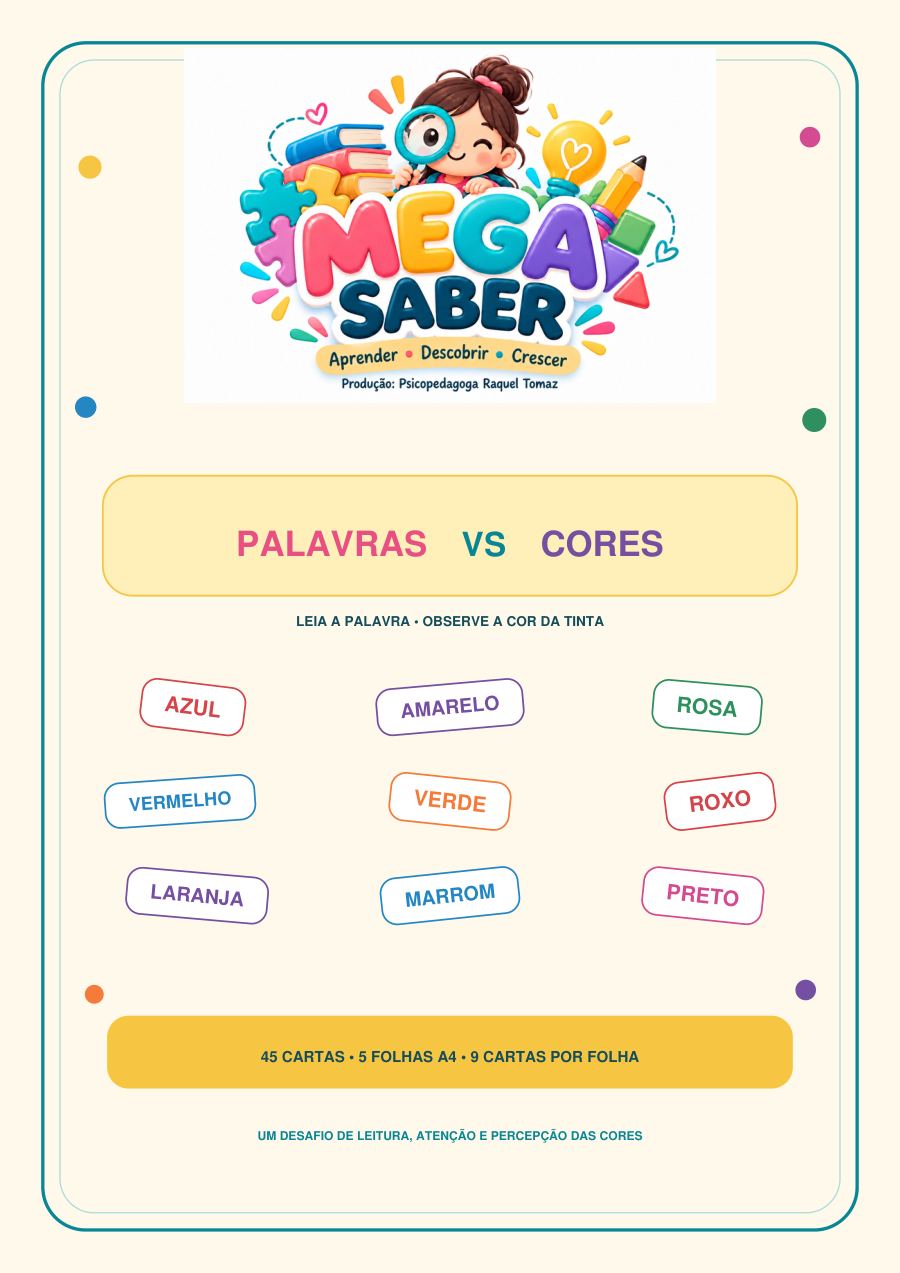 Capa de Palavras vs Cores, com nomes de cores escritos em tintas diferentes.