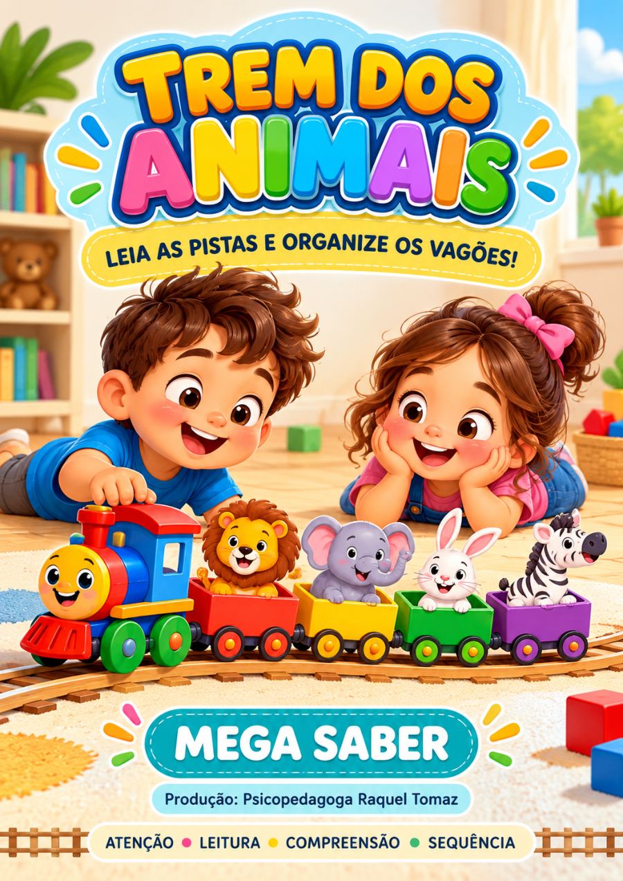 Capa do Trem dos Animais, com duas crianças e um trenzinho levando leão, elefante, coelho e zebra.
